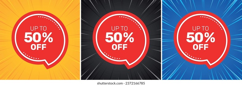 Sale  50% percent off sticker. Flash offer banner, coupon or poster. Discount banner shape. Coupon bubble icon. Sale 50% percent promo banner. Retail marketing flyer. Starburst pop art. Vector