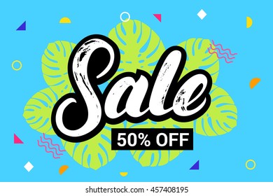 Sale 50 persent off hand written lettering on colorful summer background. Brush texture. Modern pattern. Summer sale banner. Vector illustration.