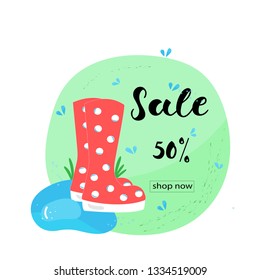 SALE 50%-hand lettering. Colorful illustration of a footwear with puddle on a light green background. Stylish simple design for card, banner, logo. Vector illustration EPS