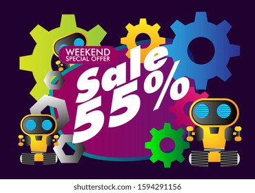 sale 55%, beautiful greeting card background or template banner with robot theme. design vector illustration