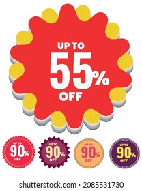 Sale up to 55 percent off the tag in high-quality vector file, sale label symbol for shopping mall, 55% sale promotion 5 round icons for your sell offer.  