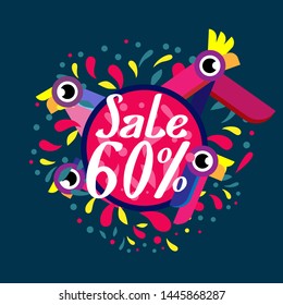 sale 60%, beautiful greeting card background or banner with colorful bird theme. design illustration