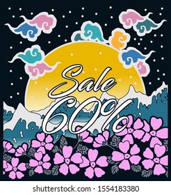 sale 60%, beautiful greeting card background or banner with sea and flower theme. design illustration
