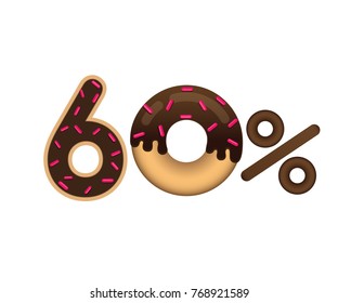 Sale 60% and discount price isolated on white background. Shopping and low price symbol. The inscription in the form of a donut with glaze. Vector illustration