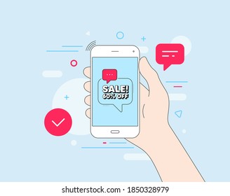 Sale 60% off discount. Mobile phone with offer message. Promotion price offer sign. Retail badge symbol. Customer service banner. Sale badge shape. Phone app speech bubble. Vector