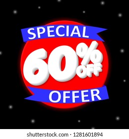Sale 60% off tag, banner design template, discount tag, vector illustration