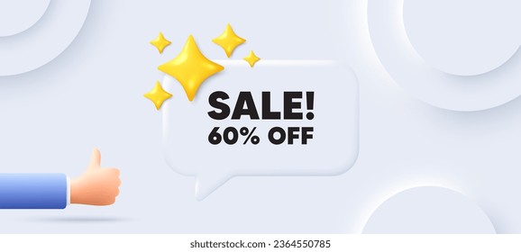 Sale 60 percent off discount. Neumorphic background with chat speech bubble. Promotion price offer sign. Retail badge symbol. Sale speech message. Banner with like hand. Vector