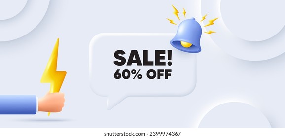 Sale 60 percent off discount. Neumorphic background with chat speech bubble. Promotion price offer sign. Retail badge symbol. Sale speech message. Banner with energy. Vector