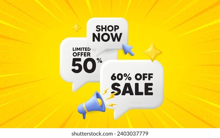 Sale 60 percent off discount. 3d offer chat speech bubbles. Promotion price offer sign. Retail badge symbol. Sale speech bubble 3d message. Talk box megaphone banner. Vector