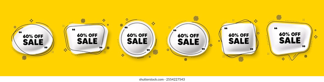 Sale 60 percent off discount. Speech bubble 3d icons set. Promotion price offer sign. Retail badge symbol. Sale chat talk message. Speech bubble banners with comma. Text balloons. Vector
