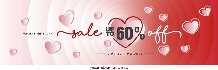 Sale up to 60 percent off handwritten typography lettering. Valentine's Day card. Promotion shopping template on pink magenta blend heart shape background with meny pink love hearts over