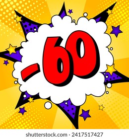 Sale. - 60%. Vivid comic background with rays and stars. Vector illustration
