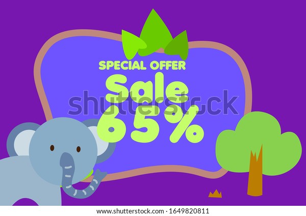 sale 65%, beautiful greeting card background\
or template banner with cute baby animal character theme. vector\
design illustration