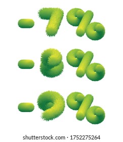 Sale. -7%, -8%, -9%. Grass lettering. Vector template for gardening and horticulture. 