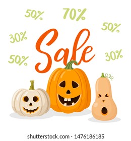 Sale 70% 50% 30%. Three colorful Jack-o-lantern Halloween pumpkins on white background