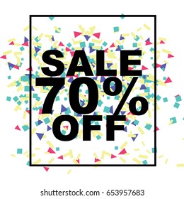 Sale 70% banner with colorful confetti background