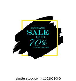 Sale 70% off sign over art black brush acrylic stroke paint abstract texture background vector illustration. Acrylic paint brush stroke. Grunge ink brush stroke. Sale layout design for shop and banner