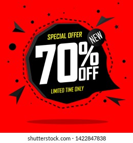 Sale 70% off, speech bubble banner, discount tag design template, special offer, app icon, vector illustration