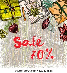 Sale 70 percent off. Christmas and New Year discount, sale banner illustration. Vector.