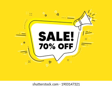 Sale 70 percent off discount. Megaphone yellow vector banner. Promotion price offer sign. Retail badge symbol. Thought speech bubble with quotes. Sale chat think megaphone message. Vector