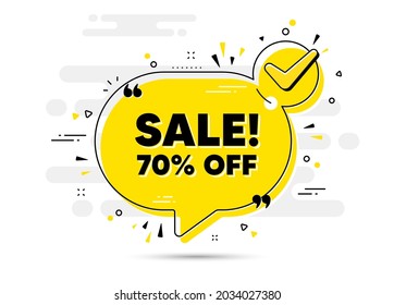 Sale 70 percent off discount. Check mark chat bubble banner. Promotion price offer sign. Retail badge symbol. Sale approved chat message. Checklist background. Vector