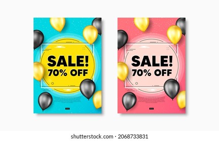 Sale 70 percent off discount. Flyer posters with realistic balloons cover. Promotion price offer sign. Retail badge symbol. Sale text frame poster banners. Balloons cover. Vector