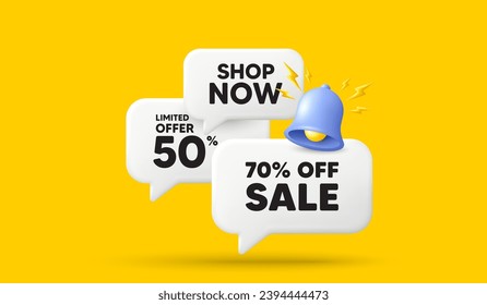 Sale 70 percent off discount. 3d offer chat speech bubbles. Promotion price offer sign. Retail badge symbol. Sale speech bubble 3d message. Talk box banner with bell. Vector