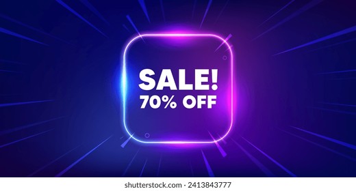 Sale 70 percent off discount. Neon light frame box banner. Promotion price offer sign. Retail badge symbol. Sale neon light frame message. Vector