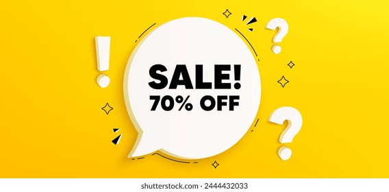 Sale 70 percent off discount. Chat speech bubble banner with questions. Promotion price offer sign. Retail badge symbol. Sale speech bubble message. Quiz chat box. Vector