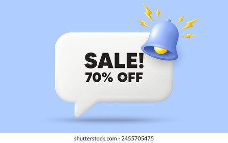 Sale 70 percent off discount. 3d speech bubble banner with bell. Promotion price offer sign. Retail badge symbol. Sale chat speech message. 3d offer talk box. Vector