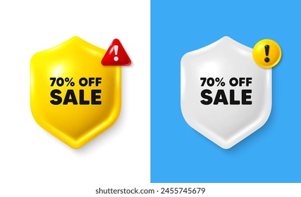 Sale 70 percent off discount. Shield 3d banner with text box. Promotion price offer sign. Retail badge symbol. Sale chat protect message. Shield speech bubble banner. Danger alert icon. Vector