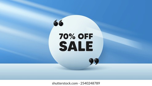 Sale 70 percent off discount. Circle frame, product stage background. Promotion price offer sign. Retail badge symbol. Sale round frame message. Minimal design offer scene. 3d comma quotation. Vector