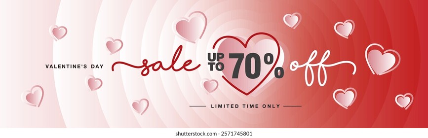 Sale up to 70 percent off handwritten typography lettering. Valentine's Day card. Promotion shopping template on pink magenta blend heart shape background with meny pink love hearts over