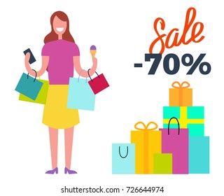 Sale -70%, picture depicting young woman full of joy and happiness because of shopping and buying things vector illustration on white