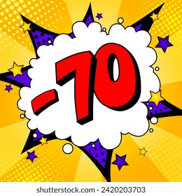 Venta. - 70%. Fondo cómico vivo con rayos y estrellas. Ilustración del vector