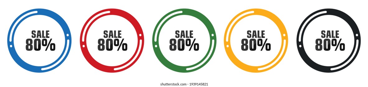 Sale 80% badge icon set. flat design vector illustration in 5 colors options for webdesign