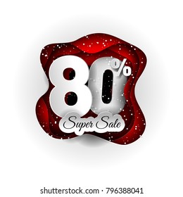 Sale 80% banner original design white and red and snow. Paper art craft style