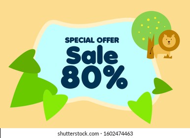 sale 80%, beautiful greeting card background or template banner with cute animal character theme. vector design illustration