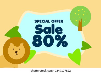 sale 80%, beautiful greeting card background or template banner with cute baby animal character theme. vector design illustration
