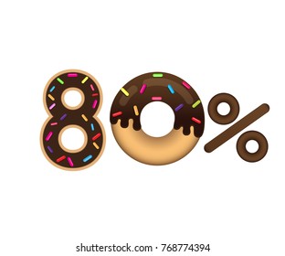 Sale 80% and discount price isolated on white background. Shopping and low price symbol. The inscription in the form of a donut with glaze. Vector illustration