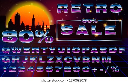 Sale 80 percent. Fancy retrofuturistic neon font on dark backround. Synthwave vaporwave style. Fancy retrofuturistic neon font on dark backround. Synthwave vaporwave style.