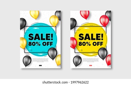Sale 80 percent off discount. Flyer posters with realistic balloons cover. Promotion price offer sign. Retail badge symbol. Sale text frame white posters. Balloons cover. Vector