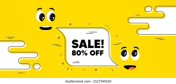 Sale 80 percent off discount. Cartoon face chat bubble background. Promotion price offer sign. Retail badge symbol. Sale chat message. Character smile face. Vector
