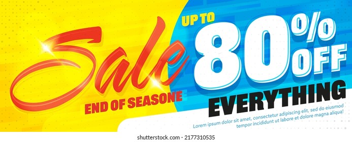 Sale up to 80 percent off. End of season discount. Wholesale on everything. Total mega super sale. Great discount. Best offer with price clearance. Sale banner poster, coupon label vector illustration