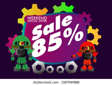 sale 85 percent, beautiful greeting card background or template banner with robot theme. design vector illustration