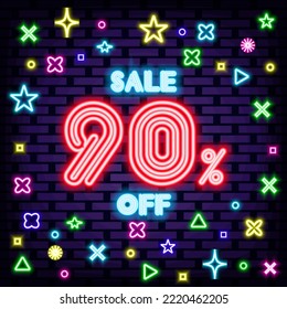 Sale 90% off Neon sign. Neon script. Light art. Isolated on black background. Vector Illustration