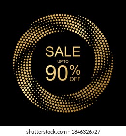 Sale up to 90% off, vector graphic element, golden spiral, halftone style , web design, sale, discount, marketing.
