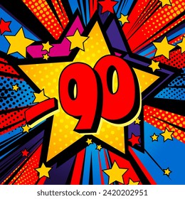 Sale. - 90%. Vivid comic background with rays and stars. Vector illustration