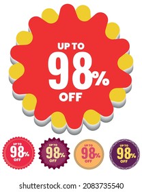 Sale up to 98 percent off tag in high quality vector file, sale label symbol for shopping mall, 98% sale promotion 5 round icons for your sell offer.  
