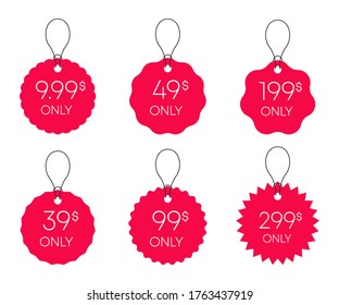 Sale $ 9.99 39 49 99 199 299 ONLY Dollars on stickers. Red label in Flat Style on white background. Vector illustration.